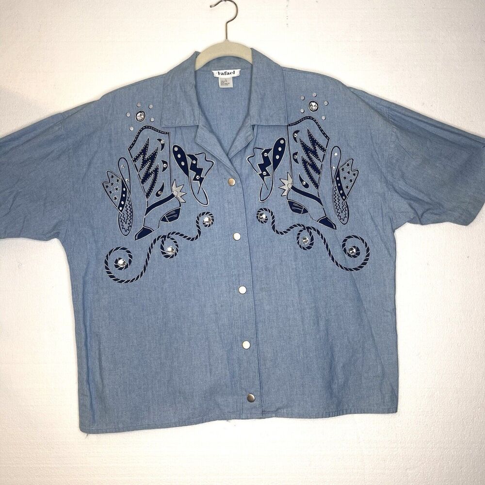 Rafael Vintage Blue Chambray Abstract Cowboy Hat Boots Button Down size large